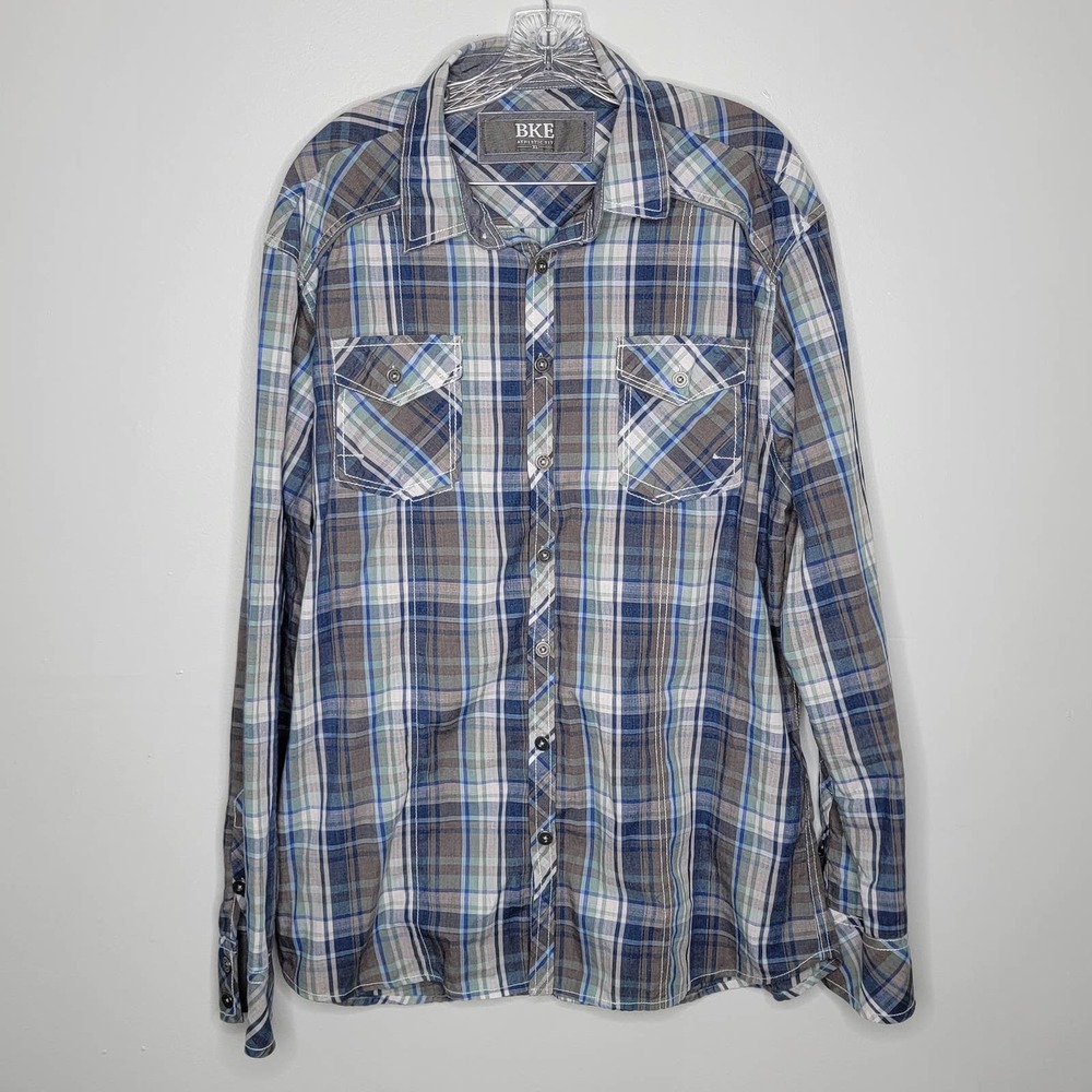 BKE Buckle Men’s Gray Plaid Button Up Long Sleeve Western Shirt Athletic Fit XL